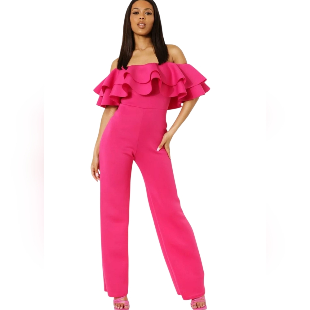 Nwt Boohoo Hot Pink Bardot Scuba Off Shoulder Double Ruffle Wide Leg Jumpsuit